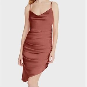 Steve Madden Satin chestnut brown cowl neck ruched mini dress Small